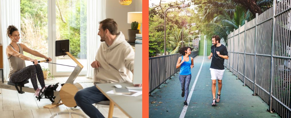 Two scenes side by side: on the left, a woman rows on an Augletics rowing machine while a man smiles at her; on the right, a man and a woman jog along a green path.