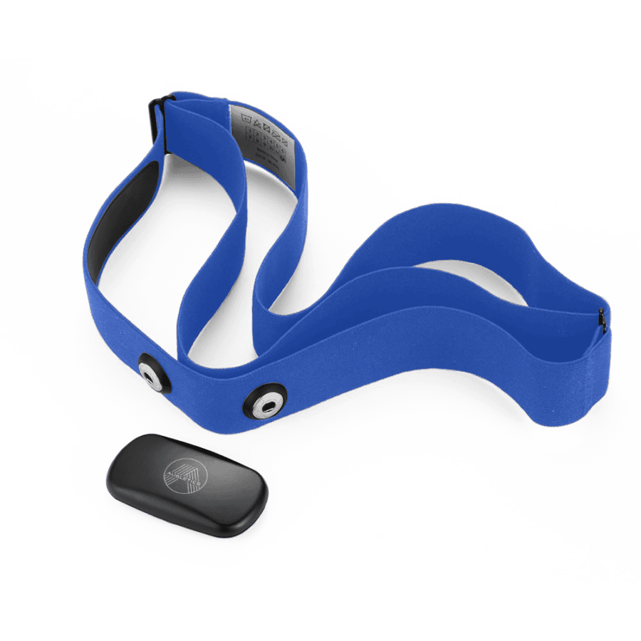 Blue heart rate strap with black sensor for heart rate measurement during sports activities