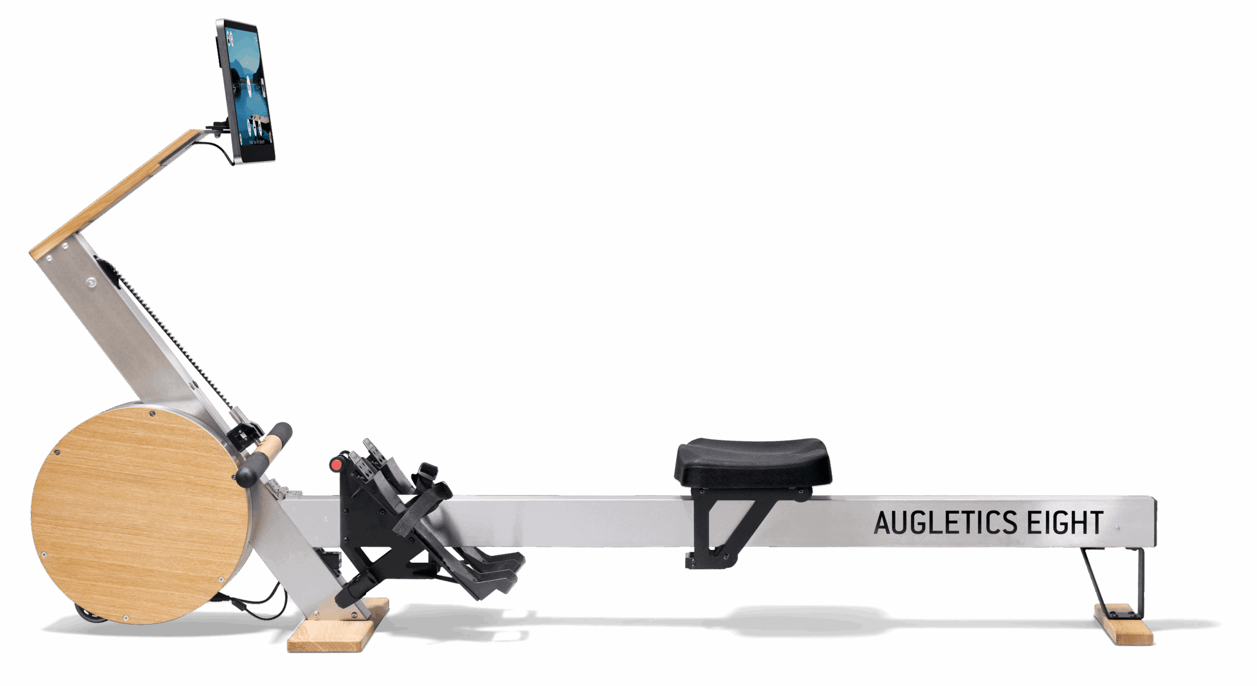 Side view of the Augletics Eight Style rowing machine with elegant wooden frame