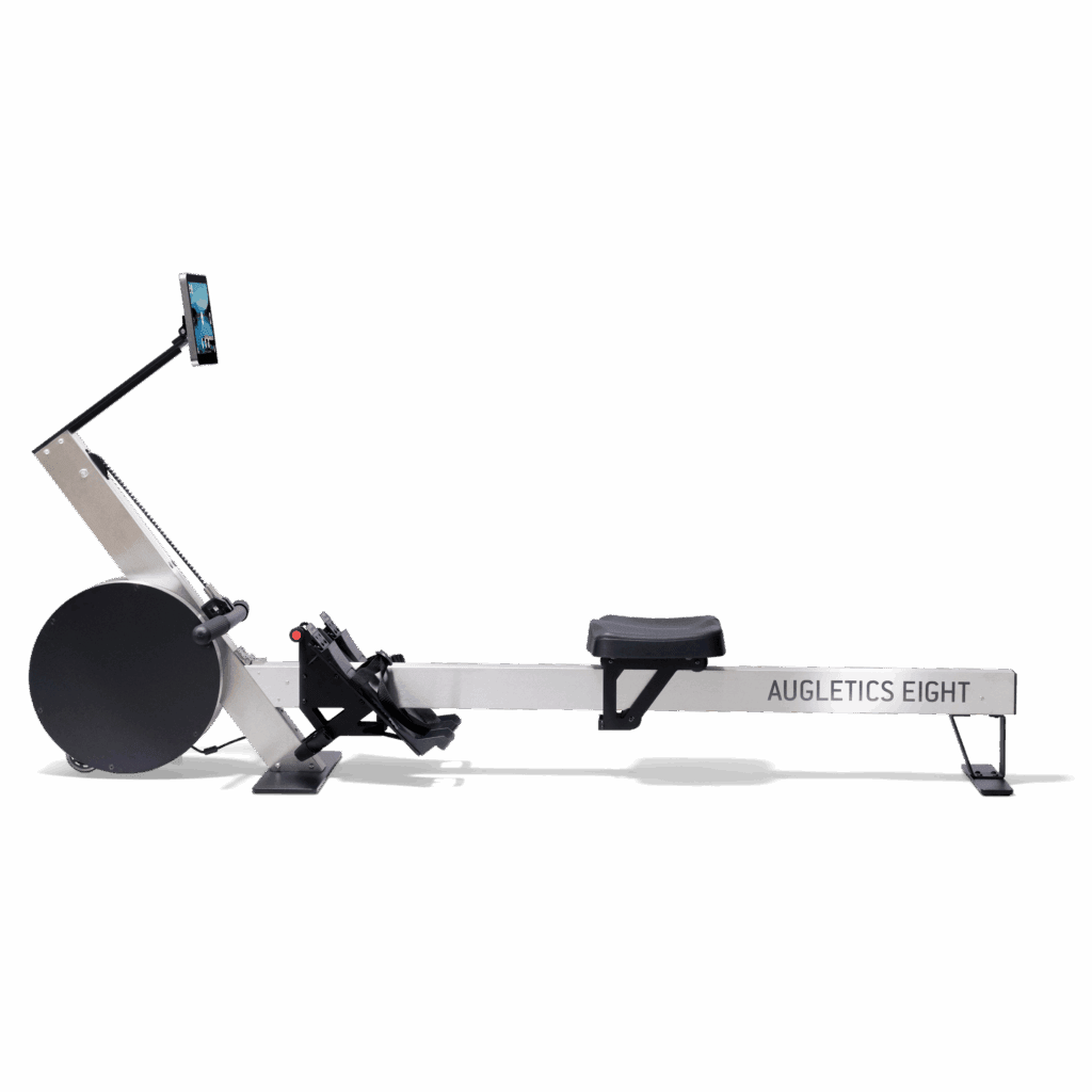 Side view of the Augletics Eight rowing machine during training with user in motion